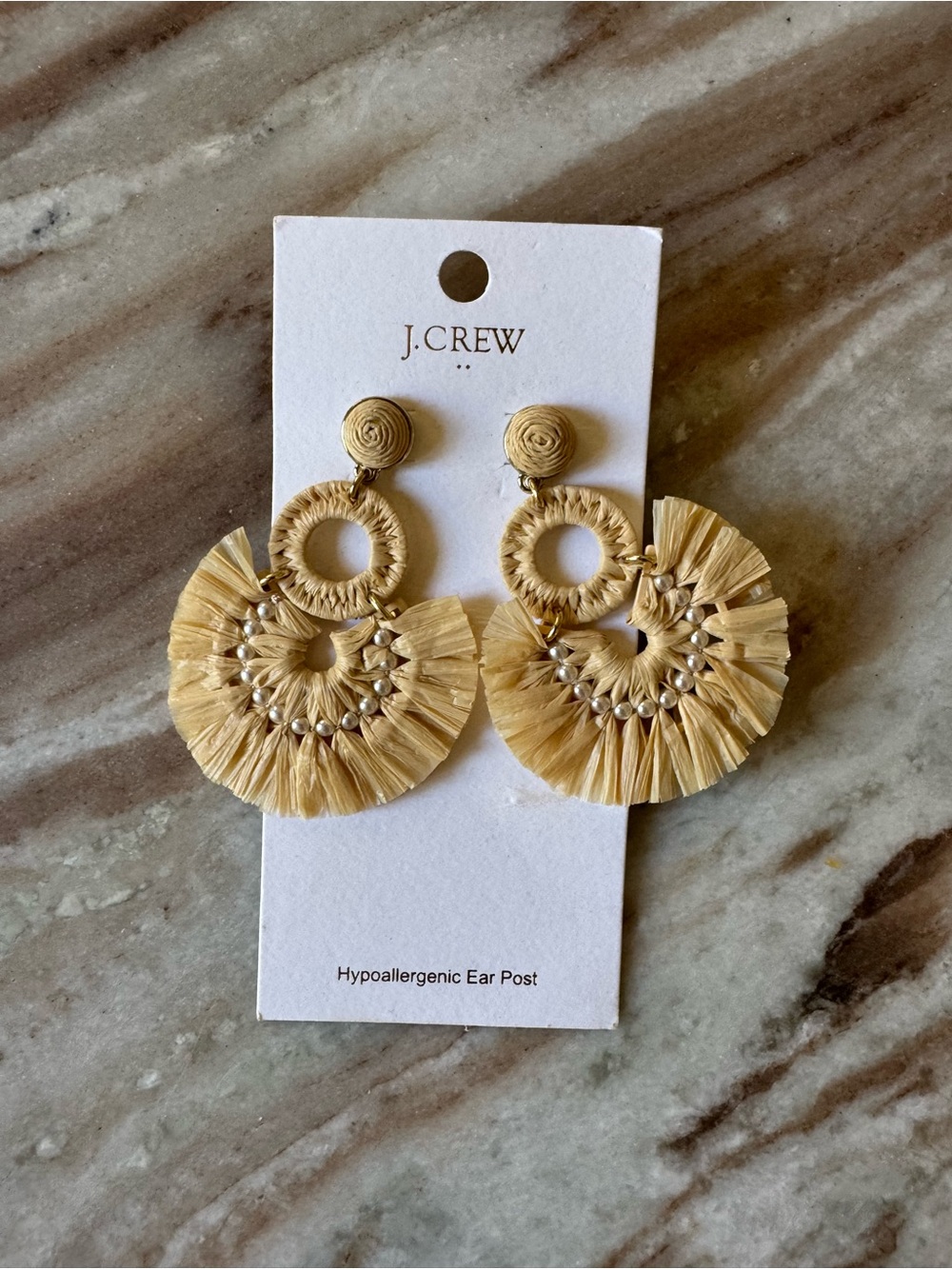 J. Crew Straw Raffia Fan Drop Earrings in Natural with Mini Pearls NWT